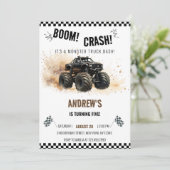 Watercolor Black Boom Crash Monster Truck Bash Einladung (Stehend Vorderseite)