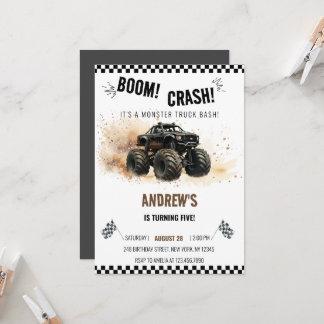 Watercolor Black Boom Crash Monster Truck Bash Einladung