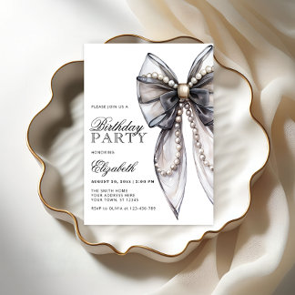 Watercolor Black Bow and Pearl Birthday Party Einladung