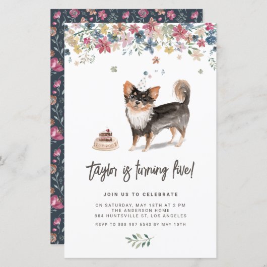 Watercolor Black Chihuahua Hund Birthday Einladung (Vorne/Hinten)