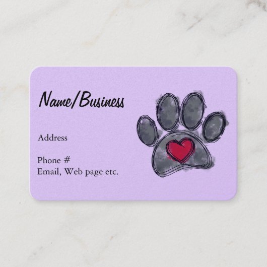 Watercolor Black Dog Paw Print Red Heart Lavender Visitenkarte (Vorderseite)