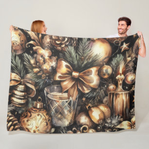 Watercolor Black Gold Weihnachtsmotifs Urlaub Fleecedecke