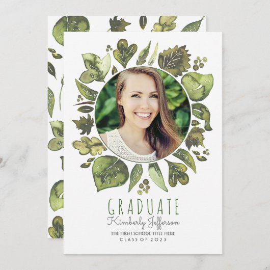 Watercolor-Blätterwreath-Foto-Abschluss Einladung (Vorne/Hinten)
