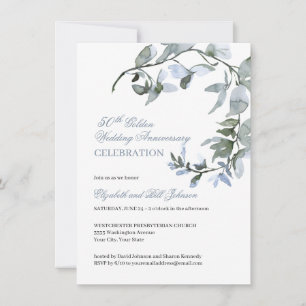 Watercolor Blau Floral 50. Hochzeitstag Einladung