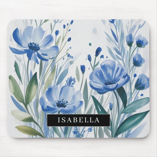Watercolor Blau Garten Blumen Mauspad (Vorne)