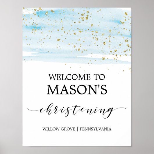 Watercolor Blau & Gold Sparkon Christening Willkom Poster (Vorne)