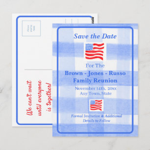 Watercolor Blau Kariert USA-Flagge SAVE THE DATE Postkarte