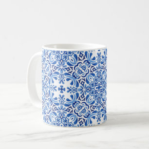 Watercolor-Blau Mittelmeerfliese auf Weiß Kaffeetasse