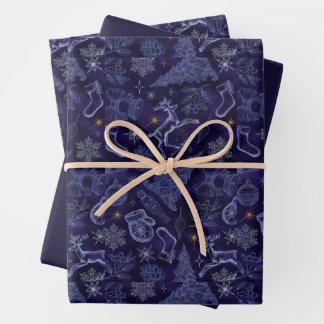 Watercolor Blau Schneeglöckchen Rentier Baum Weihn Geschenkpapier Set