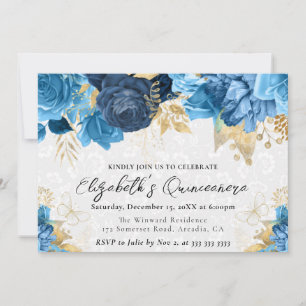 Watercolor Blau und Gold Blumen Quinceanera Einladung