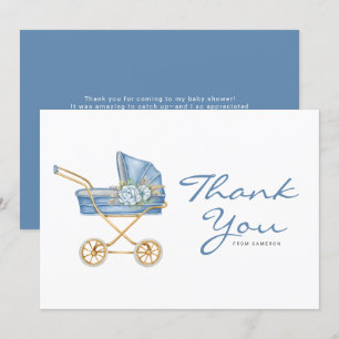 Watercolor Blau Vintage Kinderwagen Baby Shower Dankeskarte