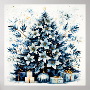 Watercolor Blau-Weihnachtsbaumplakat Poster