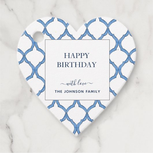 Watercolor Blau & Weiß Herz Form Happy Birthday Geschenkanhänger (Vorderseite)