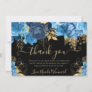 Watercolor Blaue und Goldene Blumen Quinceanera Dankeskarte