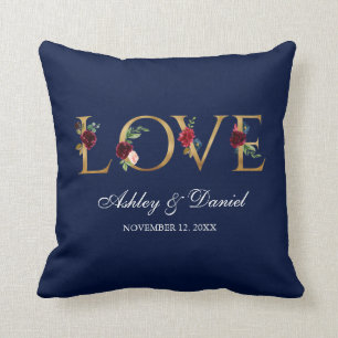 Watercolor-blaues BurgunderblumengoldLiebe Wedding Kissen