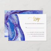 Watercolor blaues Geode und Imitat-Goldhochzeit RSVP Karte (Vorne/Hinten)