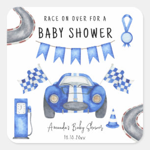 Watercolor Blaues Rennwagen-Baby-Shower Quadratischer Aufkleber