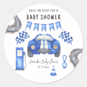 Watercolor Blaues Rennwagen-Baby-Shower  Runder Aufkleber