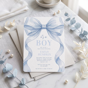Watercolor Blaues Schleifen-Baby-Shower „Es ist ei Einladung
