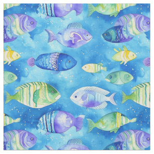 "Watercolor Bleu and Pink Fish Underwater Seamless Stoff