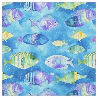 "Watercolor Bleu and Pink Fish Underwater Seamless Stoff