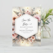 Watercolor Bloom Mason Jar Wedding Save The Date (Stehend Vorderseite)