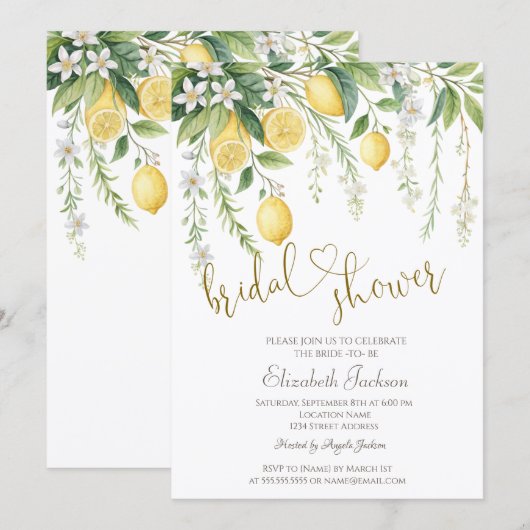  Watercolor Blooming Lemons Bridal Shower  Einladung (Vorne/Hinten)