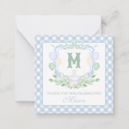 Watercolor Blue 1st Birthday Monogram Crest Gift Mitteilungskarte