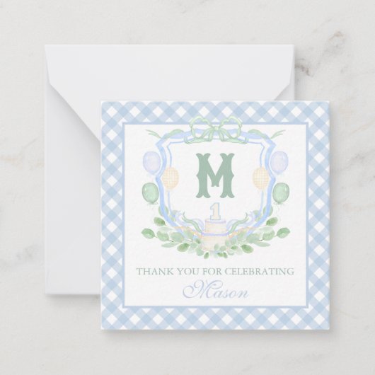 Watercolor Blue 1st Birthday Monogram Crest Gift Mitteilungskarte (Vorderseite)