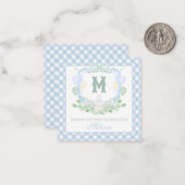 Watercolor Blue 1st Birthday Monogram Crest Gift Mitteilungskarte (Vorderseite/Rückseite Beispiel)