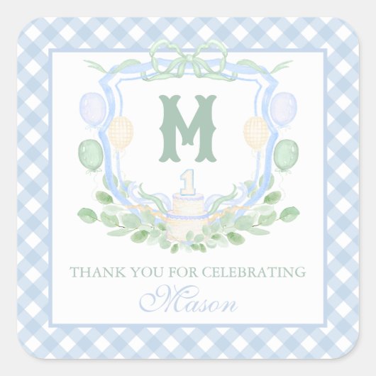 Watercolor Blue 1st Birthday Monogram Crest Gift Quadratischer Aufkleber (Vorderseite)