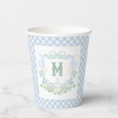 Watercolor Blue 1st Birthday Monogram Crest Party Pappbecher (Vorderseite)