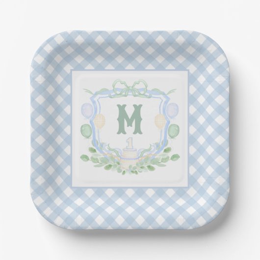 Watercolor Blue 1st Birthday Monogram Crest Party Pappteller (Vorderseite)
