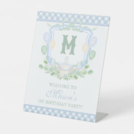 Watercolor Blue 1st Birthday Monogram Crest Party Sockelschild