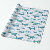 Watercolor Blue Airplane Nursery Design, Soft Sky Geschenkpapier (Ungerollt)