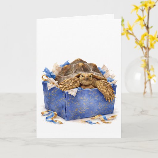 Watercolor Blue and Gold Birthday Gift Turtle Karte (Gelbe Blume)