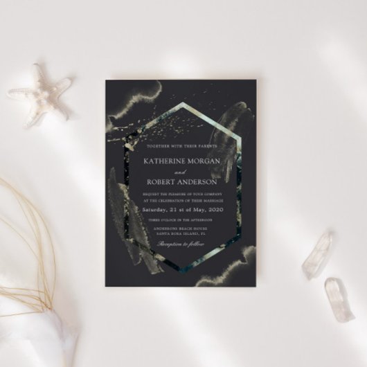 Watercolor Blue and Gold Minimalistische Hochzeit Einladung