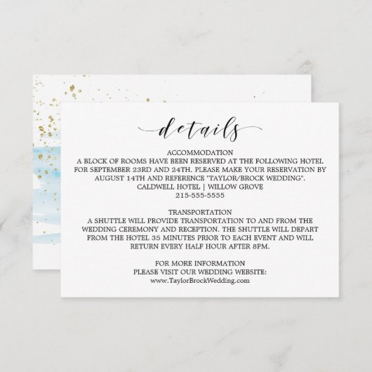 Watercolor Blue and Gold Wedding Details Card Begleitkarte (Vorne/Hinten)