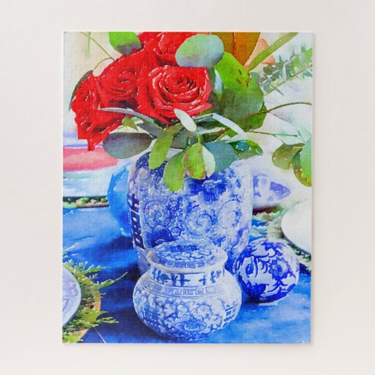 Watercolor Blue and White Chinoiserie Ginger Jar Puzzle (Vertikal)