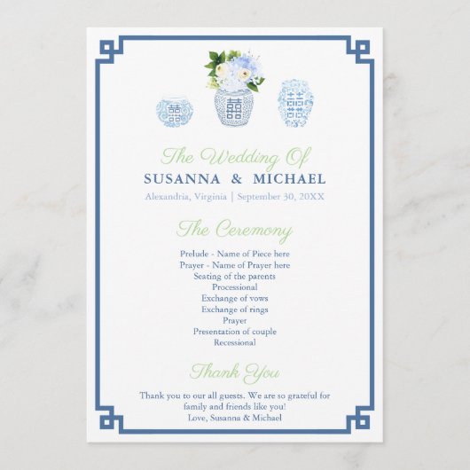 Watercolor Blue and White Ginger Jar Wedding Programm (Vorderseite)