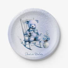 Watercolor Blue Baby Bear Paper Plate