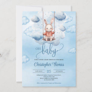 Watercolor Blue Baby Bunny auf Schwung am Himmel Einladung
