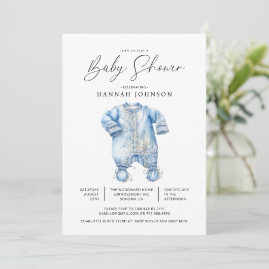 Watercolor Blue Baby Clothes Boy Dusche Einladung (Stehend Vorderseite)