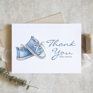 Watercolor Blue Baby Shoes Babydusche Dankeskarte