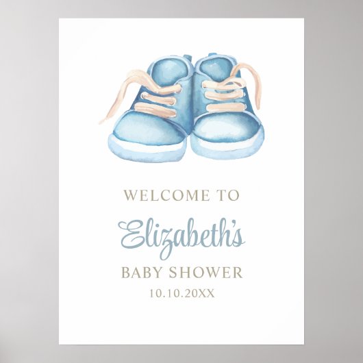 Watercolor Blue Baby Shoes Babydusche Poster (Vorne)