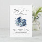 Watercolor Blue Baby Shoes Boy Baby Shower Dusche Einladung (Stehend Vorderseite)