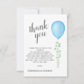 Watercolor Blue Balloon Baby Shower Dankeskarte (Vorderseite)