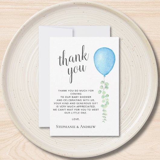 Watercolor Blue Balloon Baby Shower Dankeskarte