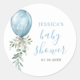 Watercolor Blue Balloon Greenery Baby Shower Runder Aufkleber