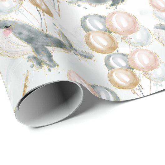 Watercolor Blue Balloon Whimsical Whale Geschenkpapier (Rolleneckpunkt)